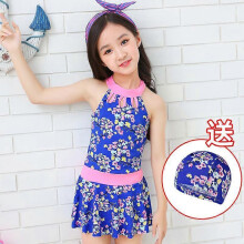 (S, 1809blue) Fresh children's swimsuit, new floral skirt style striped split swimsuit, girl's swimsuit