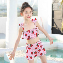 (S, 1210pink) Fresh children's swimsuit, new floral skirt style striped split swimsuit, girl's swimsuit