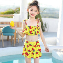 (S, 1210yellow) Fresh children's swimsuit, new floral skirt style striped split swimsuit, girl's swimsuit