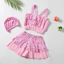 (M, pink) Fresh children's swimsuit, new floral skirt style striped split swimsuit, girl's swimsuit