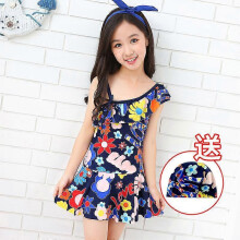 (M, 1810blue) Fresh children's swimsuit, new floral skirt style striped split swimsuit, girl's swimsuit