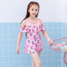 (L, 1201pink) Fresh children's swimsuit, new floral skirt style striped split swimsuit, girl's swimsuit