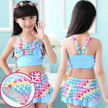(L, 1806blue) Fresh children's swimsuit, new floral skirt style striped split swimsuit, girl's swimsuit