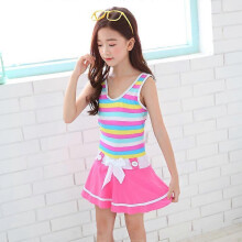 (2XL, 1282pink) Fresh children's swimsuit, new floral skirt style striped split swimsuit, girl's swimsuit
