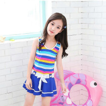 (3XL, 1282blue) Fresh children's swimsuit, new floral skirt style striped split swimsuit, girl's swimsuit