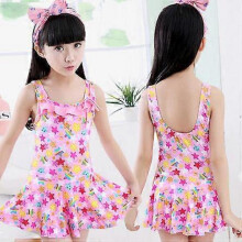 (3XL, 1114pink) Fresh children's swimsuit, new floral skirt style striped split swimsuit, girl's swimsuit