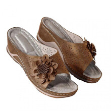 (39, Brown) Pu Leather Soft Footbed Orthopedic Arch-support Sandals For Women Hollow Wedge Flower Shoes Summer Tw
