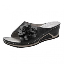 (43, Black) Pu Leather Soft Footbed Orthopedic Arch-support Sandals For Women Hollow Wedge Flower Shoes Summer Tw