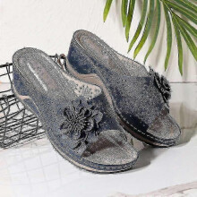 (43, Blue) Pu Leather Soft Footbed Orthopedic Arch-support Sandals For Women Hollow Wedge Flower Shoes Summer Tw