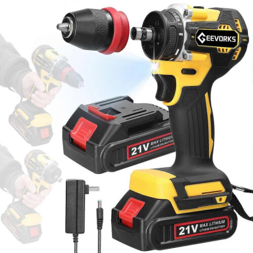 (2pcs batteries US Plug, Multicolor) Geevorks 21V 2in1 Lithium Drill Electric Screwdriver Multi-function Power Tool High Torque Brushless