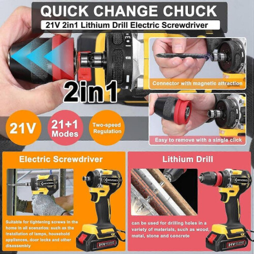 (2pcs batteries US Plug, Multicolor) Geevorks 21V 2in1 Lithium Drill Electric Screwdriver Multi-function Power Tool High Torque Brushless 1