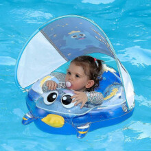 (Blue) Baby Swimming Pool Floats With Canopy, Inflatable Transparent Monster Infant Swim Float With Cloth Safety Seat Pool Toys