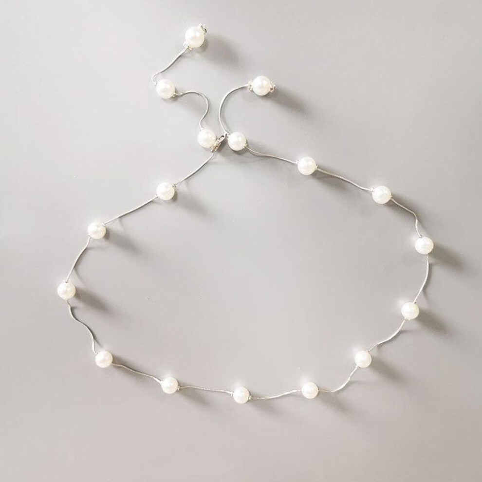 (silver) Elegant Women Pearl Belt Adjustable Metal Chain Belt Fashion Simple Thin Skinny Waistband Lady Dress Decorative Jewelry