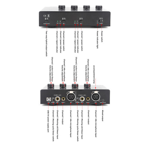 2 Channel USB Microphone Amplifier with Phantom Power, 48V, 75dB Gain 2