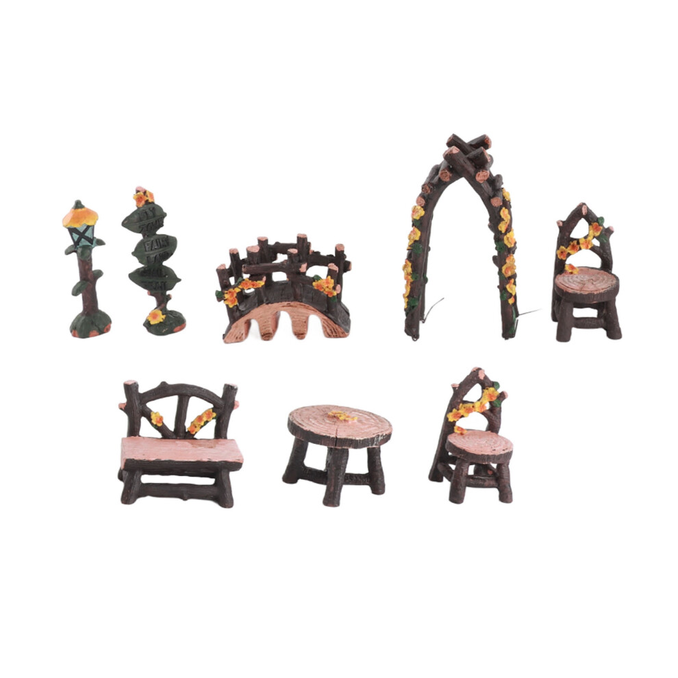 8PCS Fairy Garden Resin Miniature Set with Table Chairs Bridge & Lights