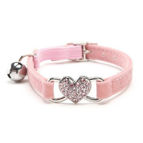 (Pink) Heart Charm and Cat Collar Safety Elastic Adjustable with Soft Velvet Material