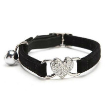 (Black) Heart Charm and Cat Collar Safety Elastic Adjustable with Soft Velvet Material