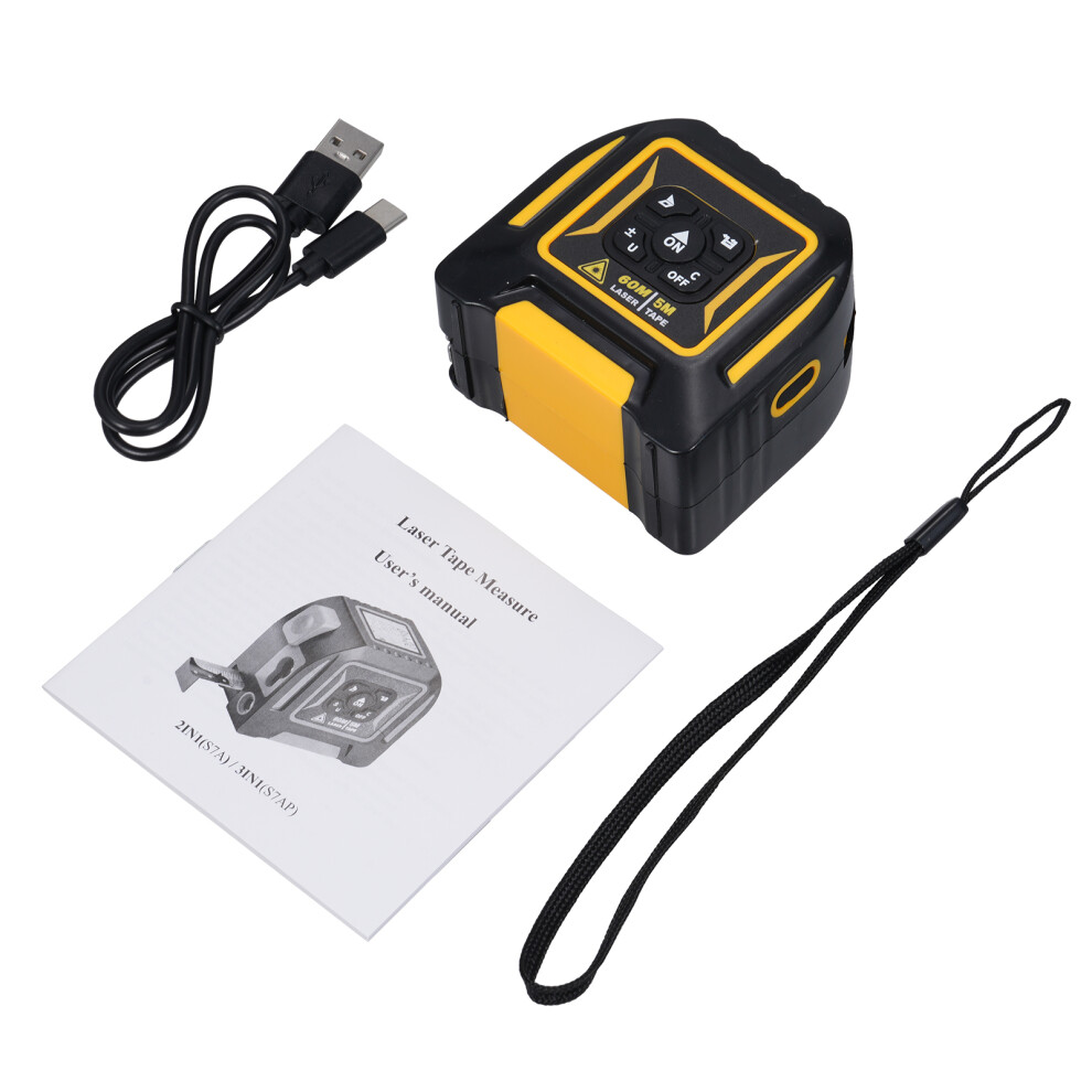 2-in-1 Laser Tape Measure 5M, High Precision, m/ft/in, LCD, Yellow & Black-image-OPC-PJ77G7W-NEW