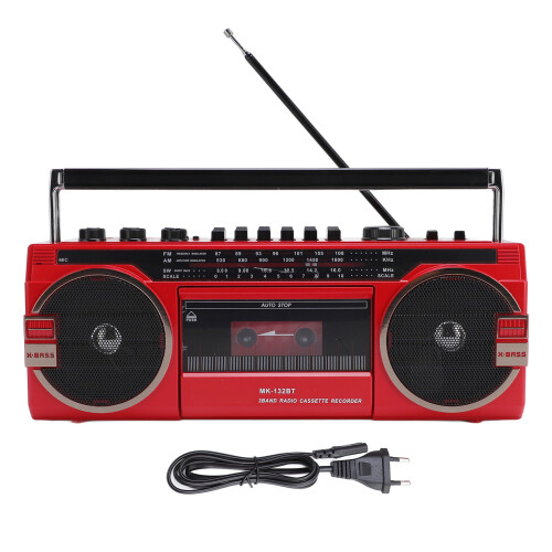 Retro Cassette Player Recorder with Bluetooth, AM FM SW Radio, USB, Red EU Plug 1