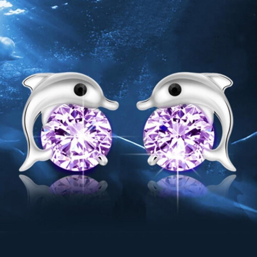 (as the picture, 1) Ladies Pair 1 Dolphins Love Rhinestone Ear Earrings Jewelry Stud