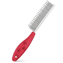 (Red) Pet Comb with Long & Short Stainless Steel Teeth for Removing Matted Fur, Knots & Tangles, Safe Gentle Dog Grooming