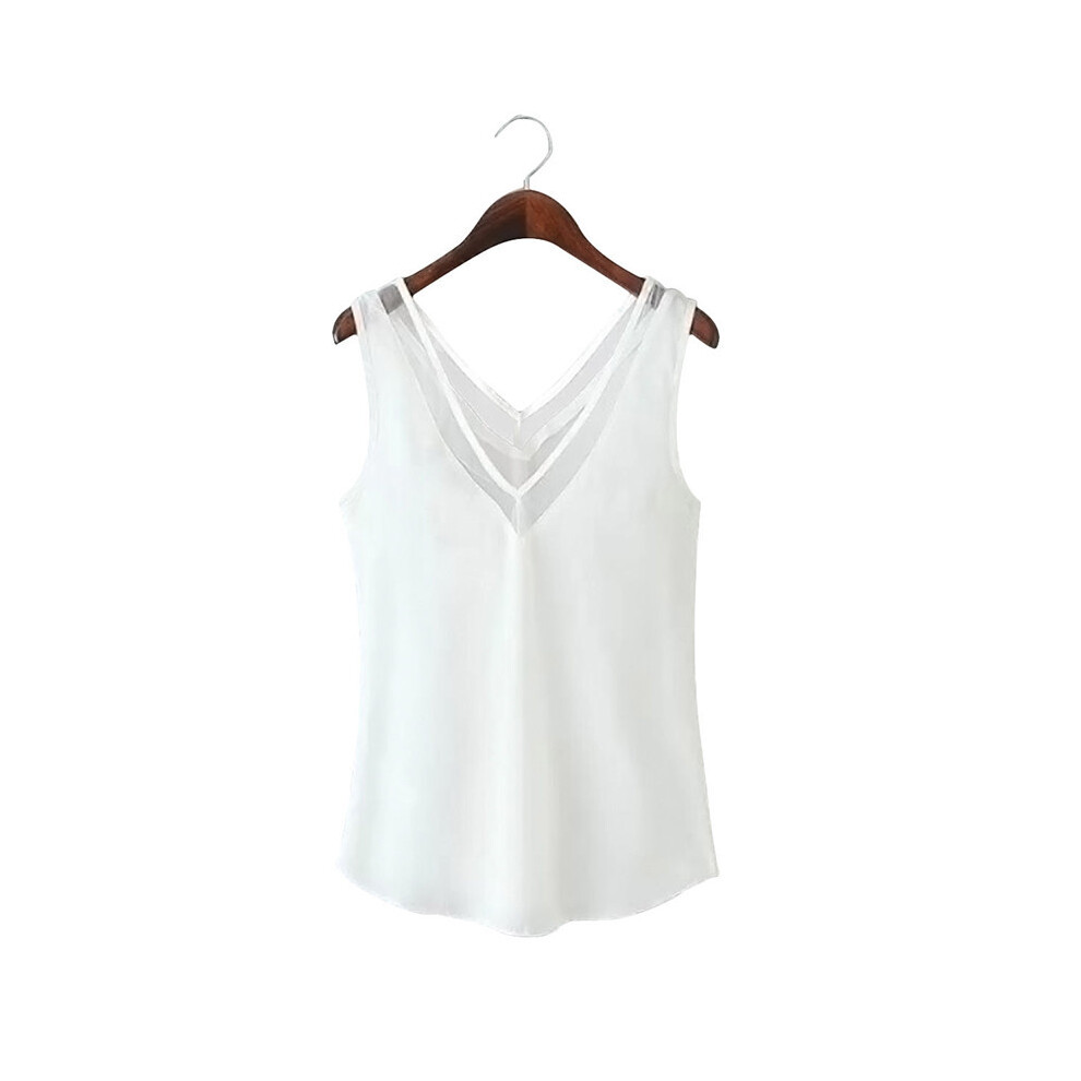 (White, S) Casual Womens Sleeveless Mesh Shirt Vest Blouse Ladies Slim V Neck Top Tank-image-OPC-PJ77MYM-NEW