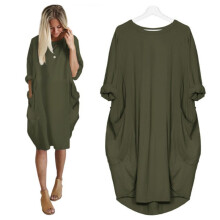 (Army Green, M) Stretch Loose Women Baggy Jumper Tops Ladies Pocket Party Long Mini Dress Sleeve