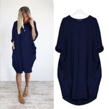 (Navy, 2XL) Stretch Loose Women Baggy Jumper Tops Ladies Pocket Party Long Mini Dress Sleeve