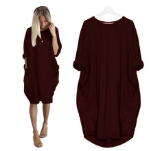 (Brown, XL) Stretch Loose Women Baggy Jumper Tops Ladies Pocket Party Long Mini Dress Sleeve