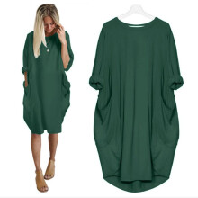 (Green, 2XL) Stretch Loose Women Baggy Jumper Tops Ladies Pocket Party Long Mini Dress Sleeve