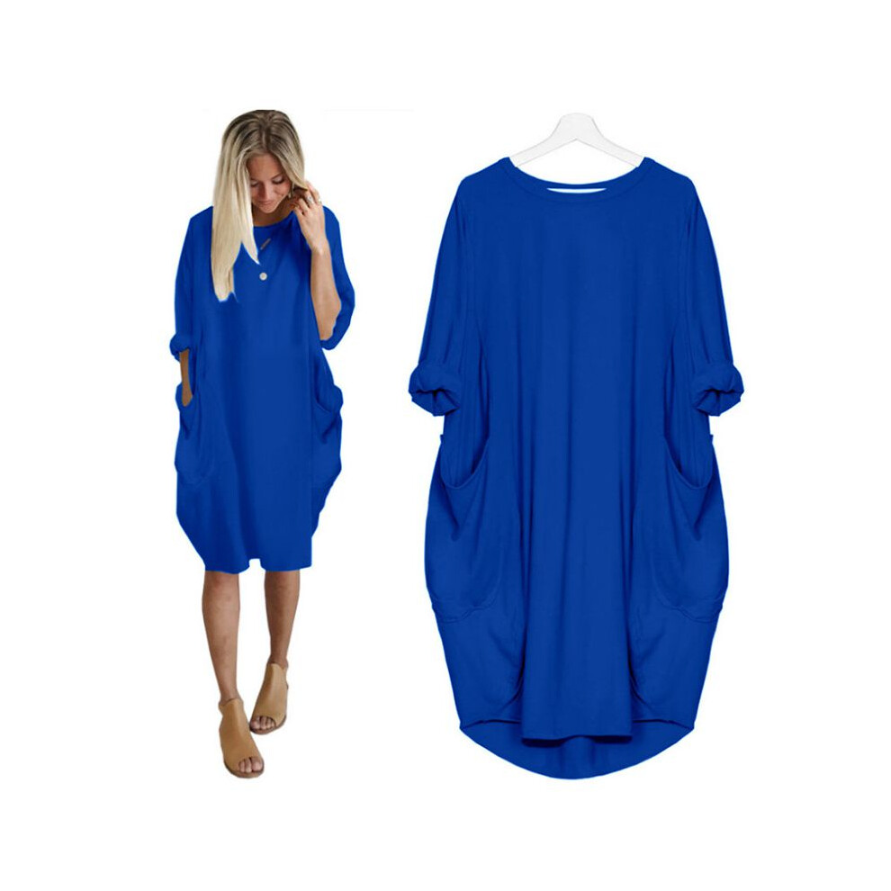 (Royal Blue, 3XL) Stretch Loose Women Baggy Jumper Tops Ladies Pocket Party Long Mini Dress Sleeve-image-OPC-PJ77WHM-NEW