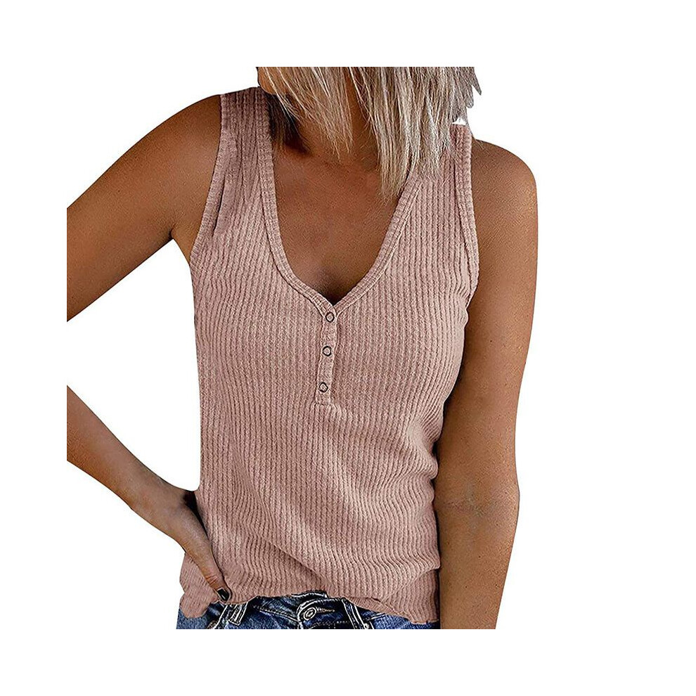 (Pink, 2XL) Vest Sleeveless Womens V Neck Ribbed Tank Tops Summer Casual Blouse Tshirt