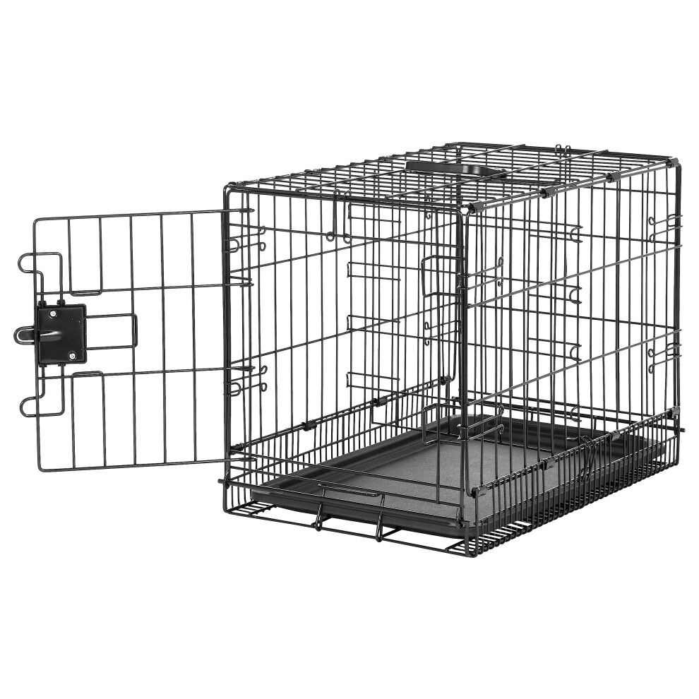Amazon Basics Durable  Foldable Metal Wire Pet Crate with Tray  Portable and Sturdy for Travel  Single Door  Divider Panel  Perfect Size for Small Dog