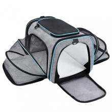 (Gray Blue Edge) Pet Travel Carrier Foldable Expandable Breathable Mesh Large Space Cat Carrier for Outdoor Travel
