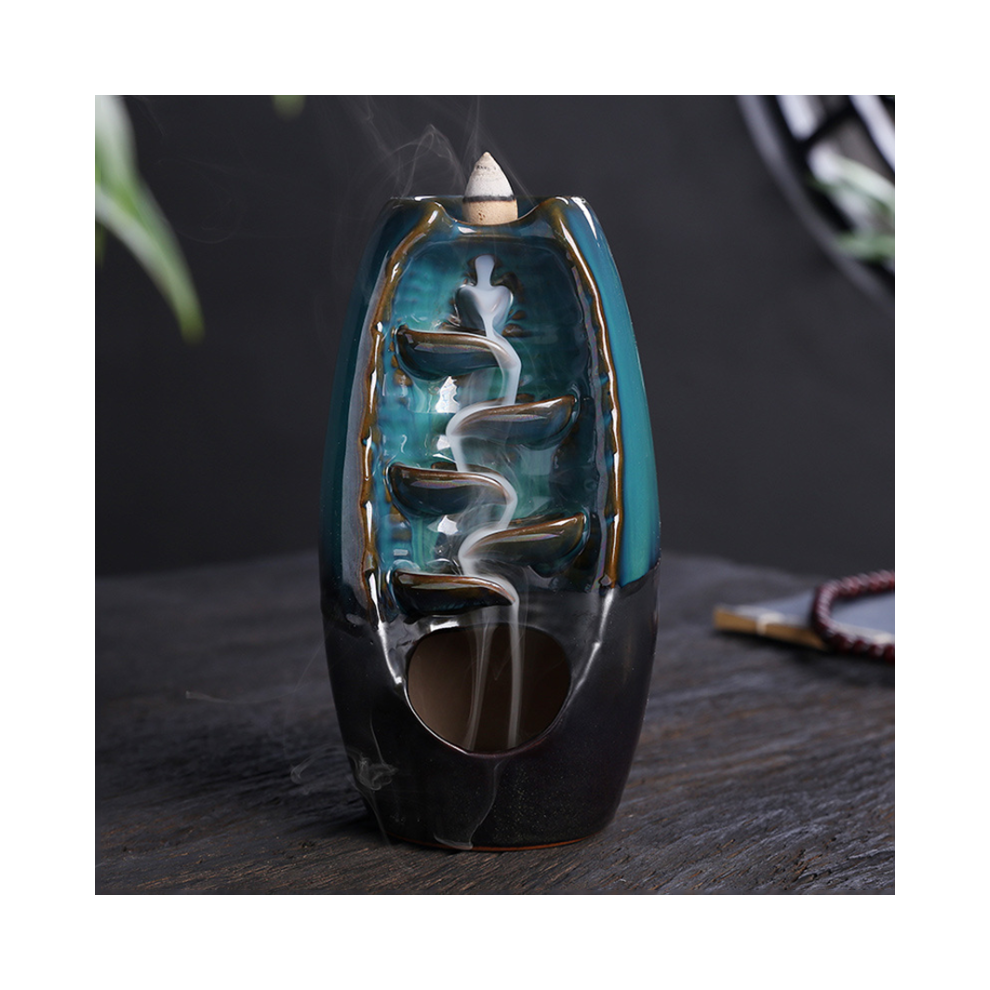 (Blue-M(19.8*11.5*11cm) Waterfall Backflow Ceramic Smoke Incense Burner Censer Holder Gift Decor Home