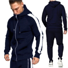 (DarkBlue, L) Mens 2pcs Tracksuit Set Zip Hooded Coat Bottoms Trousers Gym Suit Sport Joggers