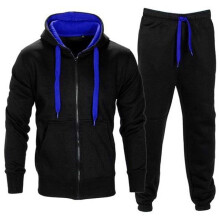 (Black Blue, 3XL) Tracksuit Set Mens Fleece Zip Hoodie Topsbottoms Joggers Jogging Contrast Gym