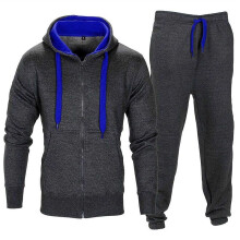 (Dark Gray Blue, 2XL) Tracksuit Set Mens Fleece Zip Hoodie Topsbottoms Joggers Jogging Contrast Gym