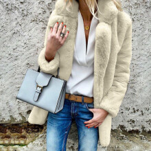 (Apricot, M) Bear Women Winter Fluffy Coat Faux Fleece Fur Jacket Cardigans Casual Outerwear