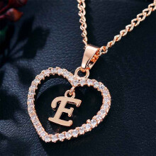 (Rose gold E) Heart Letters 26 Love Crystal Women Silver Plated Chain Necklace Jewelry