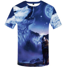 (#7 Blue Sky Wolf, L) Mens Wolf Mountain 3d Print Summer Casual T Shirt Short Sleeve Tops Tee Graphic