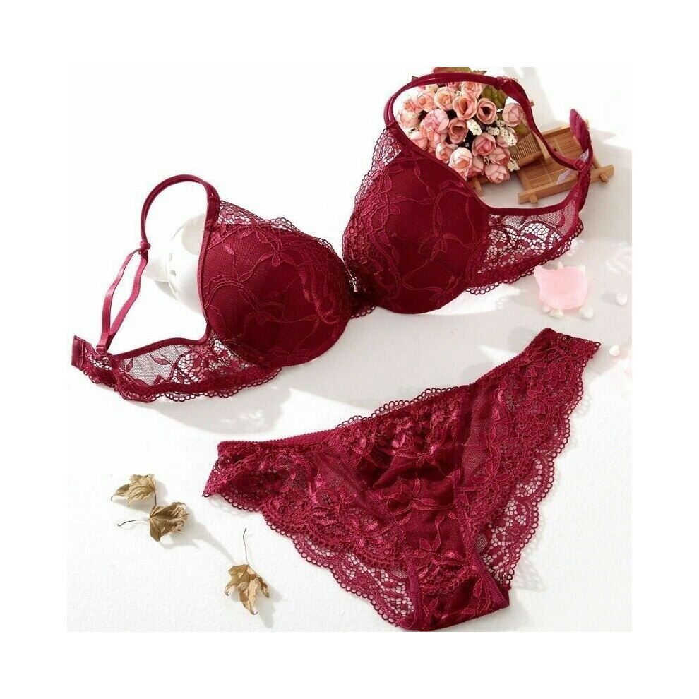 (Wine, 36/80AB) Sexy 2pcs Lace Flower Extreme Push Up Underwear Pantiesbra Set Plunge Sets Bra-image-OPC-PJ79CJ7-NEW