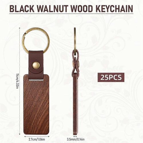 25PCS Wooden Keychain Blanks Rectangle Wood Keychain Blanks with Leather Strap Engraving Blanks Key 1
