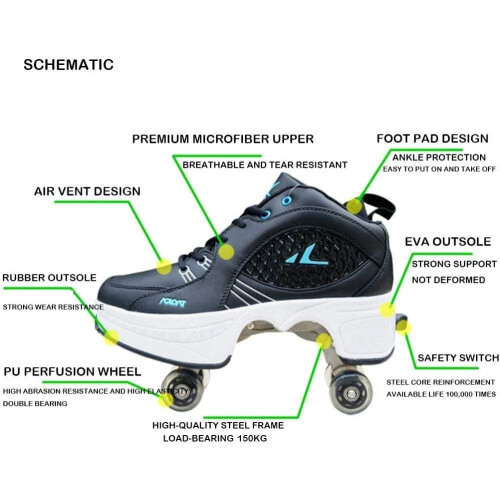 Inline Skate, 2 in 1 Shoes, Adjustable Quad Roller Skates Boots, 39 2