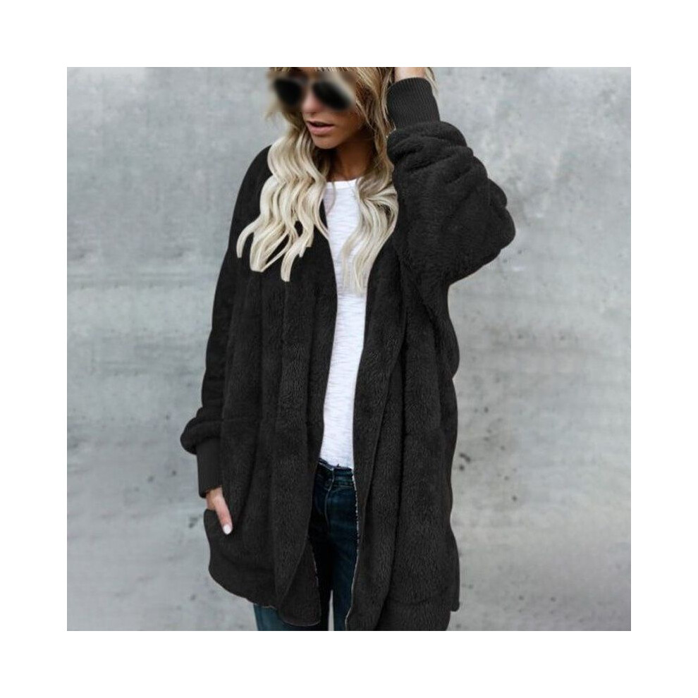 (Black, M) Teddy Women Bear Coat Jacket Winter Fluffy Loose Cardigan Size Plus Outwear