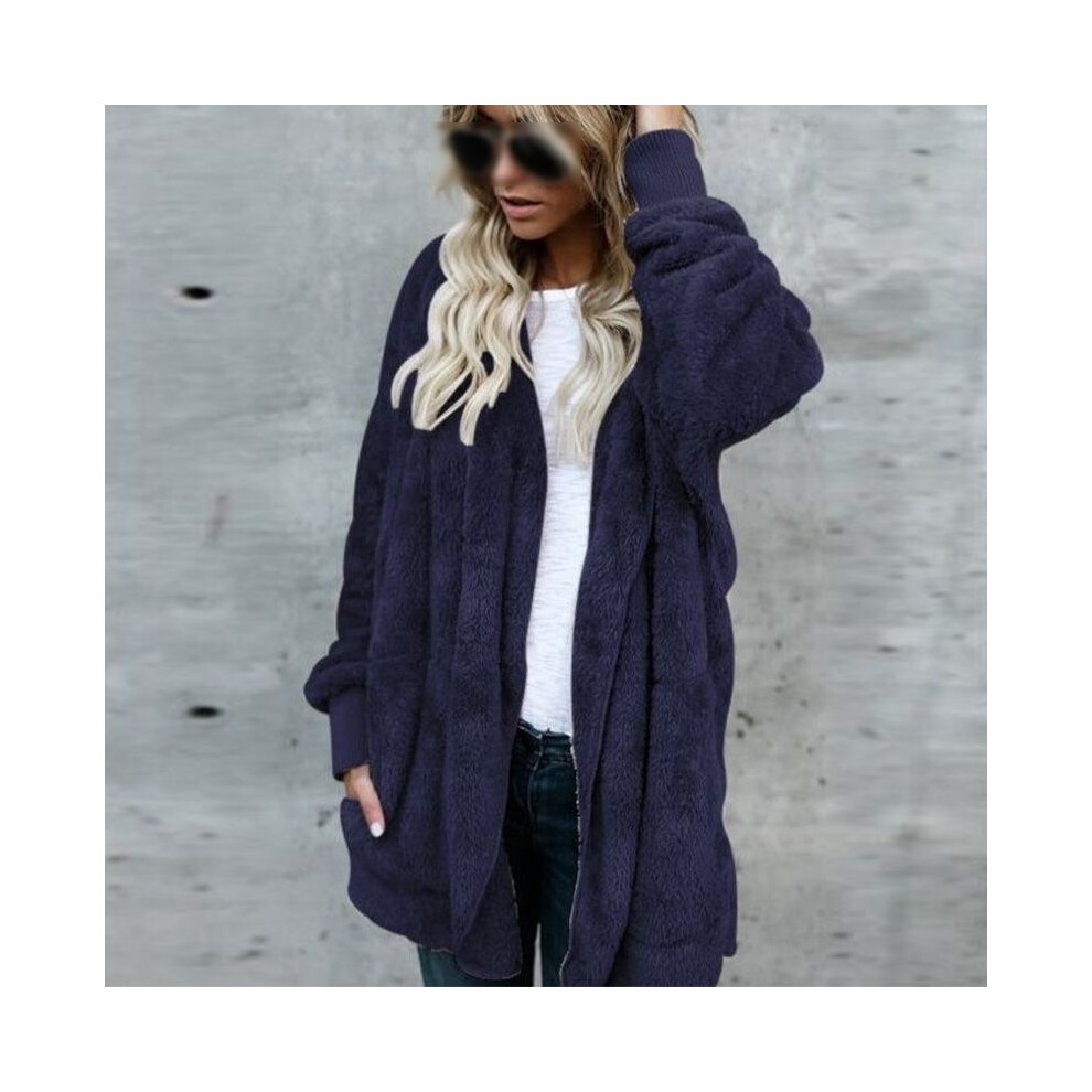 (Navy, L) Teddy Women Bear Coat Jacket Winter Fluffy Loose Cardigan Size Plus Outwear