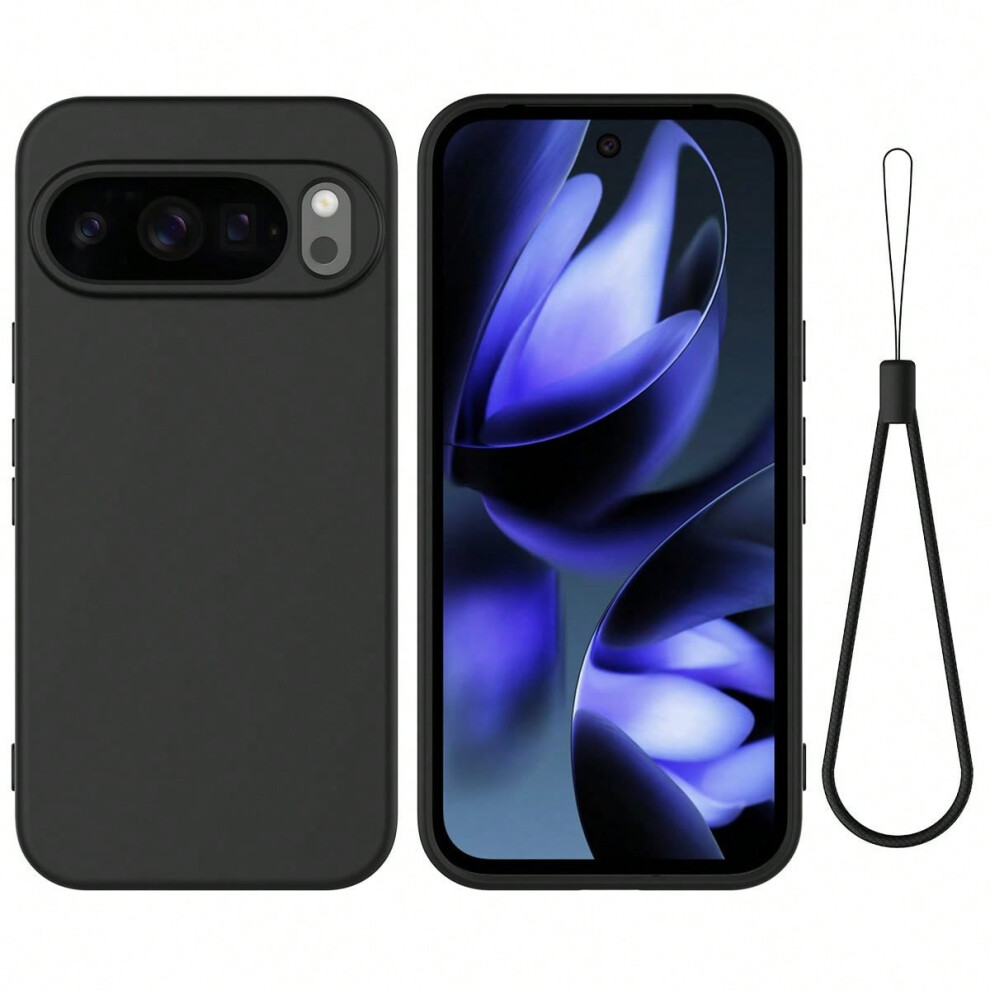 (Black with lanyard, Google Pixel 10/10 Pro) Suitable for Google Pixel 10 Pro XL solid silicone mobile phone case Google all-inclusive solid color skin-feel case