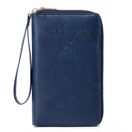 (Dark Blue) Multi-Functional RFIDs Passport Wallet Biofold Document Organiser Holder for Women Men