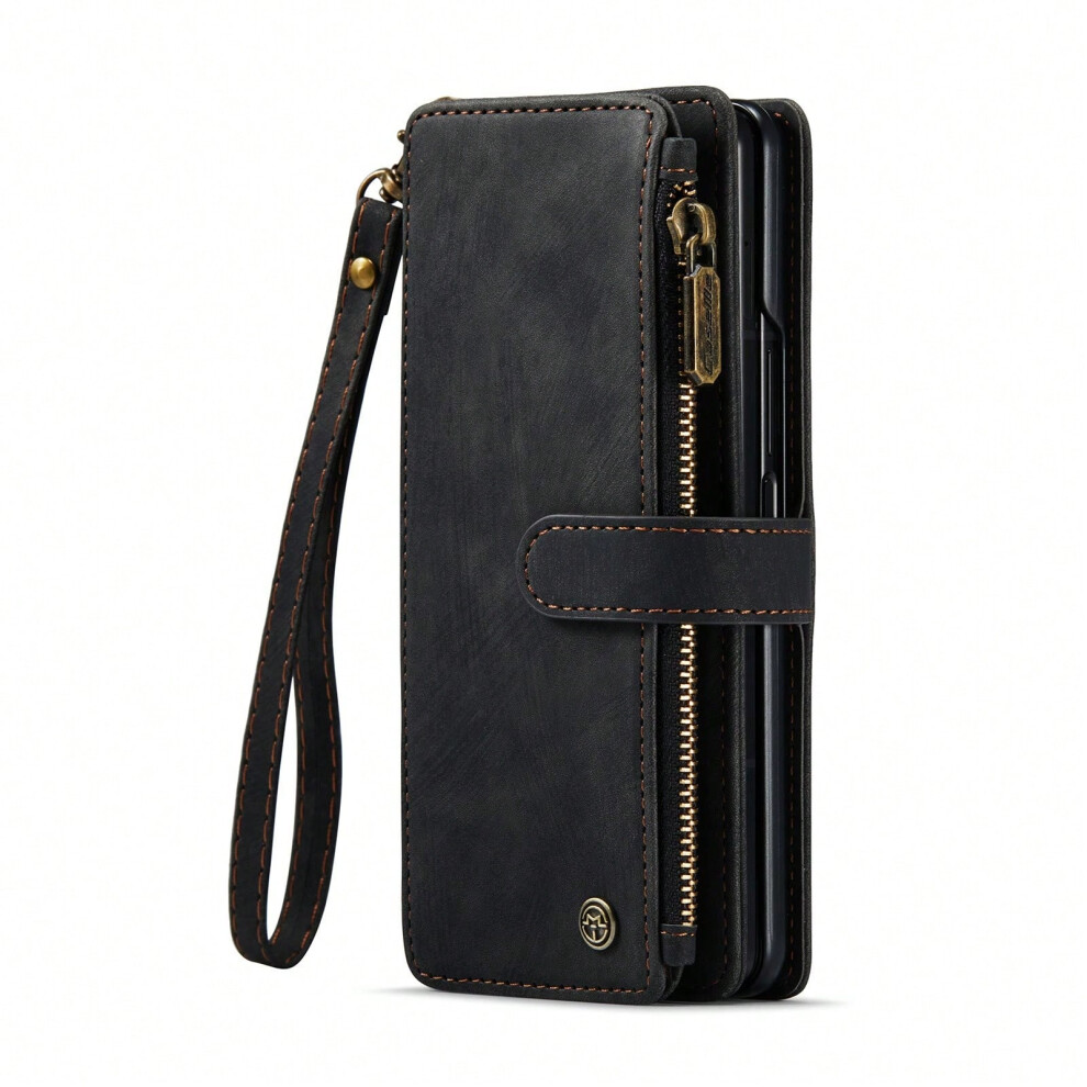 (black, Samsung Zfold 5) Suitable for Google Pixel Fold retro folding flip leather case Pixel Fold zipper multi-card full cover anti-fall