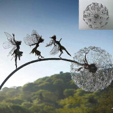 (P2) Garden Deco Fairies And Dandelions Dance Together Metal Lawn Landscape Sculpture